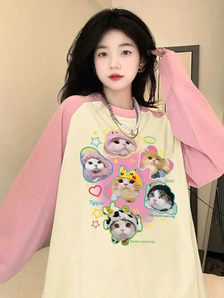 Znbbw Fashion Y2k T Shirts Cartoon Print Long Sleeve Aesthetics Tops Tees Spring Casual Loose Preppy Style Girl Clothing 2024