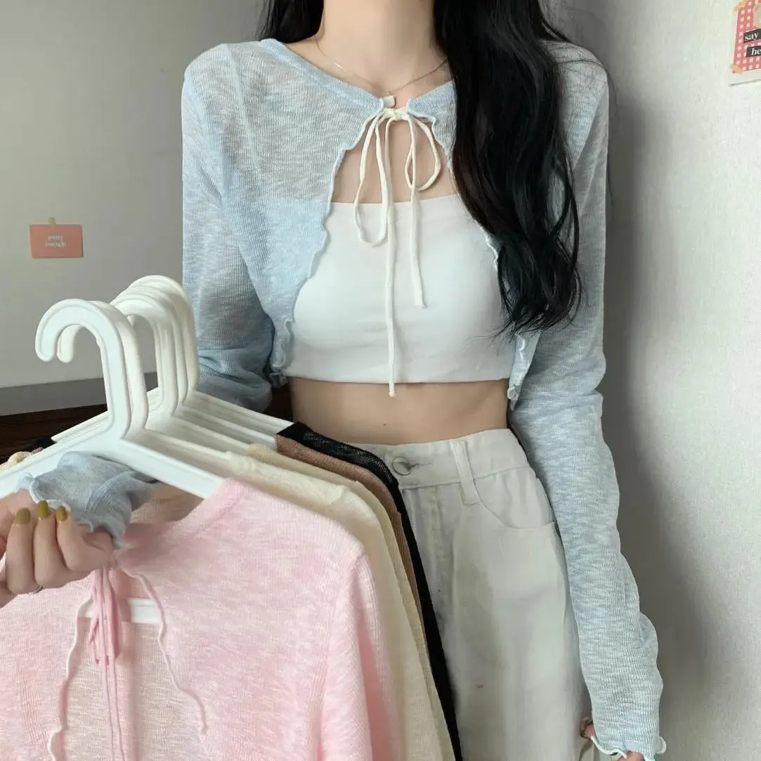 Znbbw Short Cardigan Women Long Sleeve Thin Open Stitch Knitted Sweater Shirts Female Solid Shawl