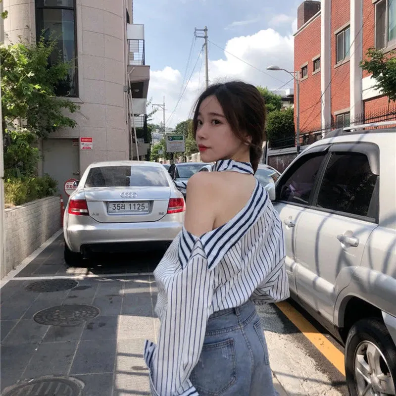 Znbbw Striped Shirts Women Streetwear Sexy Off Shoulder Blouses Korean Fashion Hollow Out Halter Long Sleeve Casual Tops New