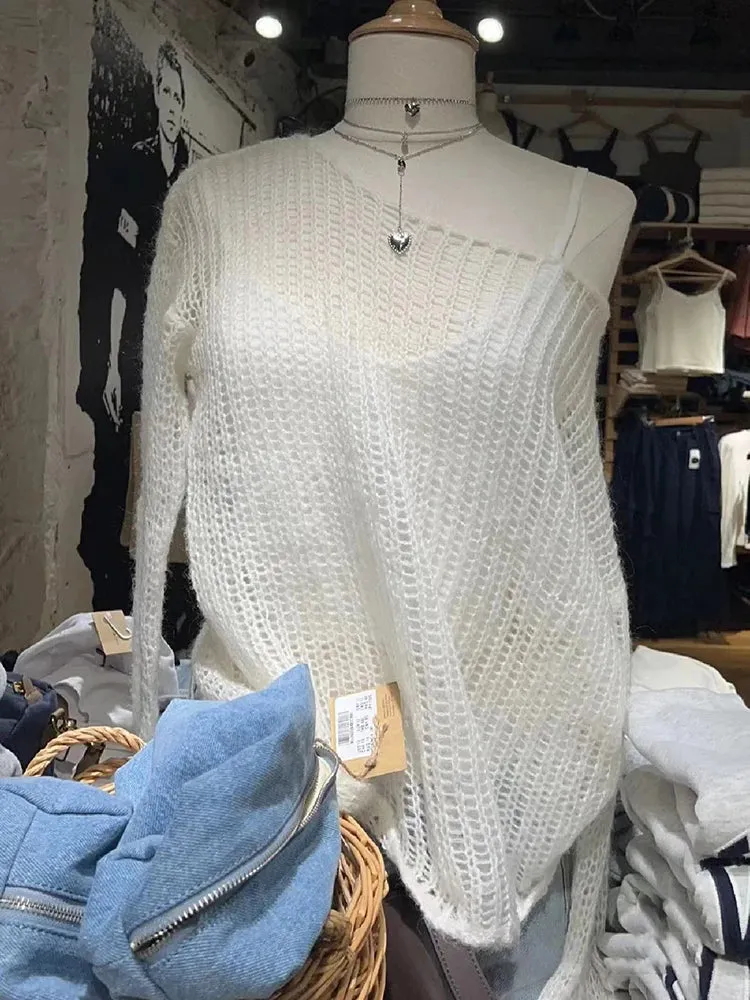 Znbbw Hollow Out Knitted Long Sleeve T Shirt Women Summer Sexy Scoop Neck Cotton Loose Tees Harajuku Solid Thin Smock Tops Y2k