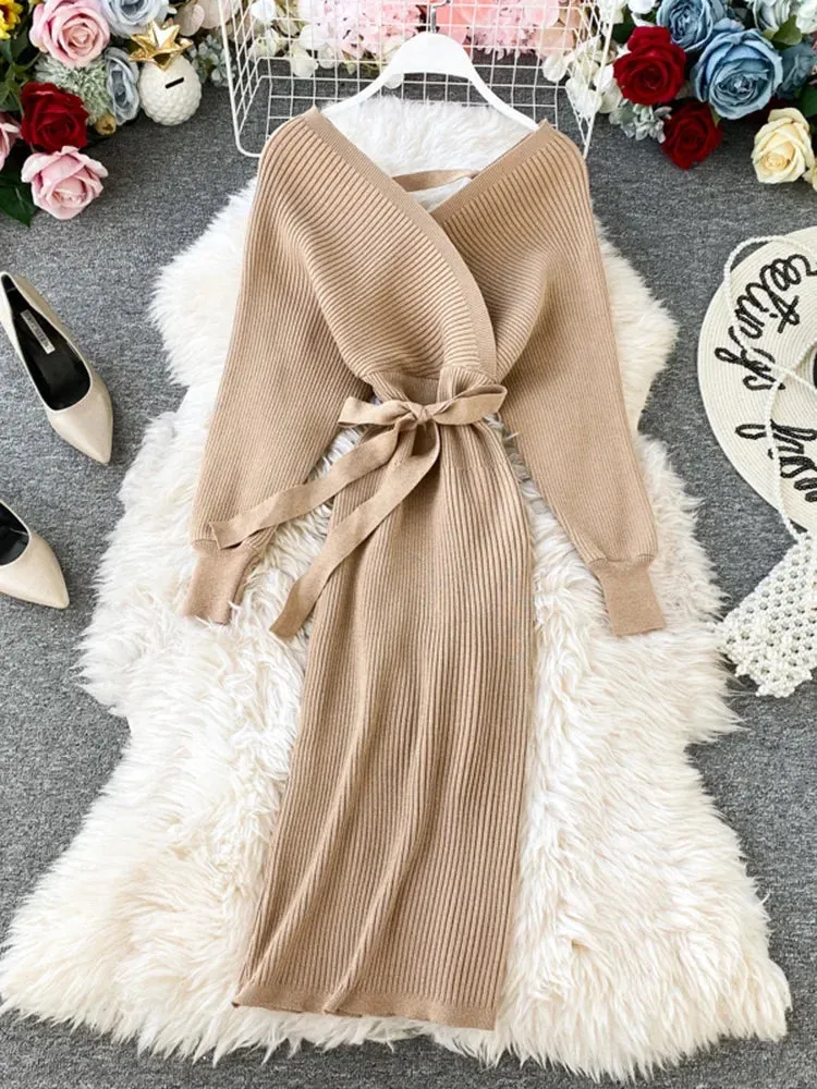 Znbbw Winter Women's Dress Korean The Bat Sleeves V-neck Solid Color Knitted Dress New Slim Long-sleeved Base Dress LL765