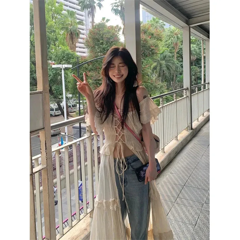 Znbbw Slash Neck Dress Women Streetwear Ruffles Bandage Robe Vintage Korean One Pieces Dresses Vacation Beach Tunic Maxi Vestidos