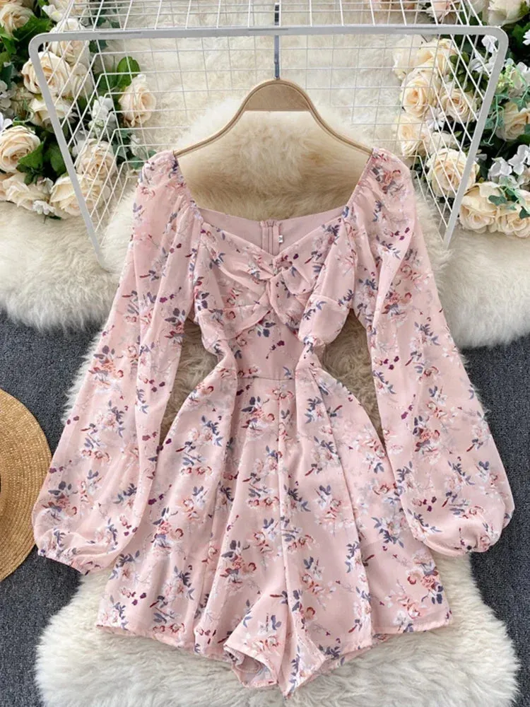 Znbbw New Spring Summer Women's Jumpsuit Dress V-neck Puff Sleeves Sweet Folds Slim Slimming Floral Wide-leg Shorts UK770