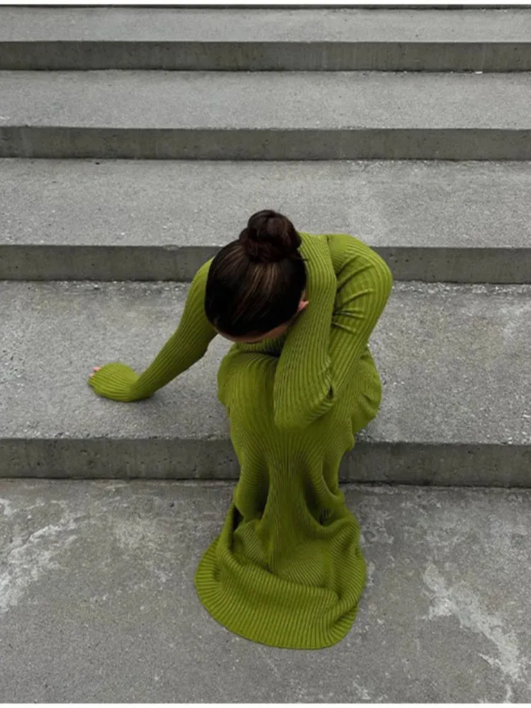 Znbbw Green Ribbed Knitted Dress For Women Fashion Long Sleeve Slim Sweater Dresses 2023 Autumn Winter Party Club Streetwear