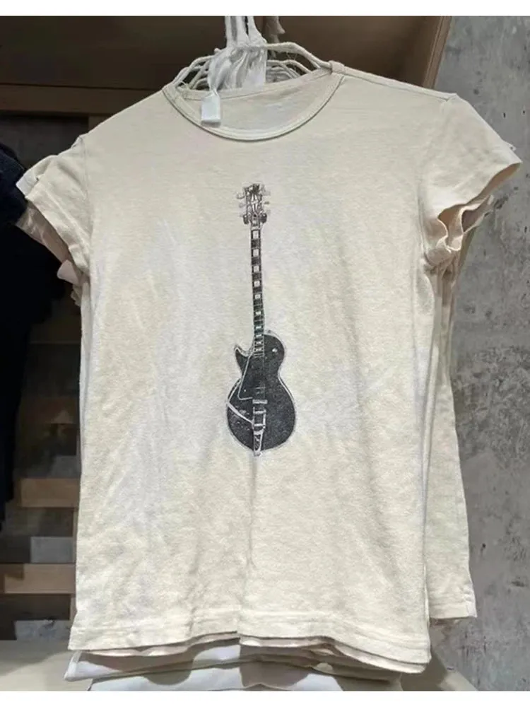 Znbbw Guitar Print Slim T-Shirts Women Summer Fashion Chic O Neck Cotton Short Sleeve T Shirt Female Vintage Harajuku Y2k Tops