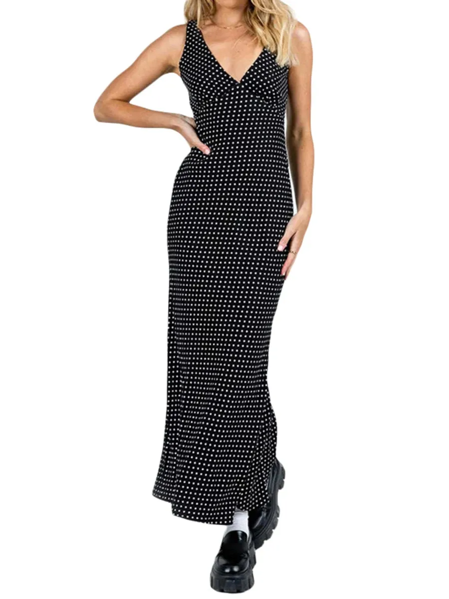 Znbbw Vintage Dots Print Long Tank Dress Women Summer Sleeveless V-Neck Bodycon Fishtail Dress Party Beach Casual Streetwear