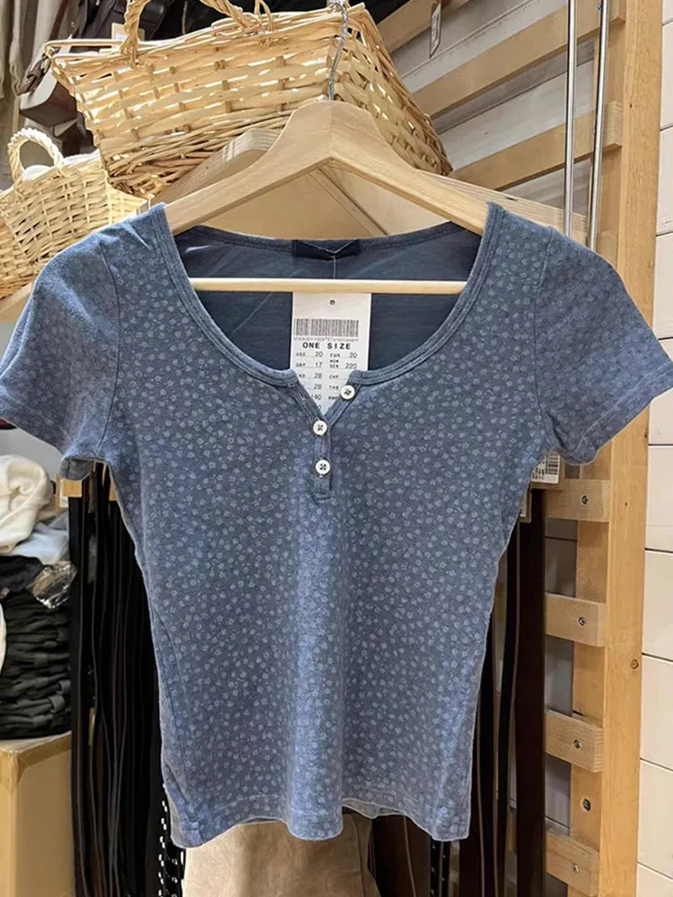 Znbbw Blue Floral Print Button T-shirts Cute Round Neck Cotton Short Sleeve Slim Y2k Crop Top Women Casual Summer Sweet Tees