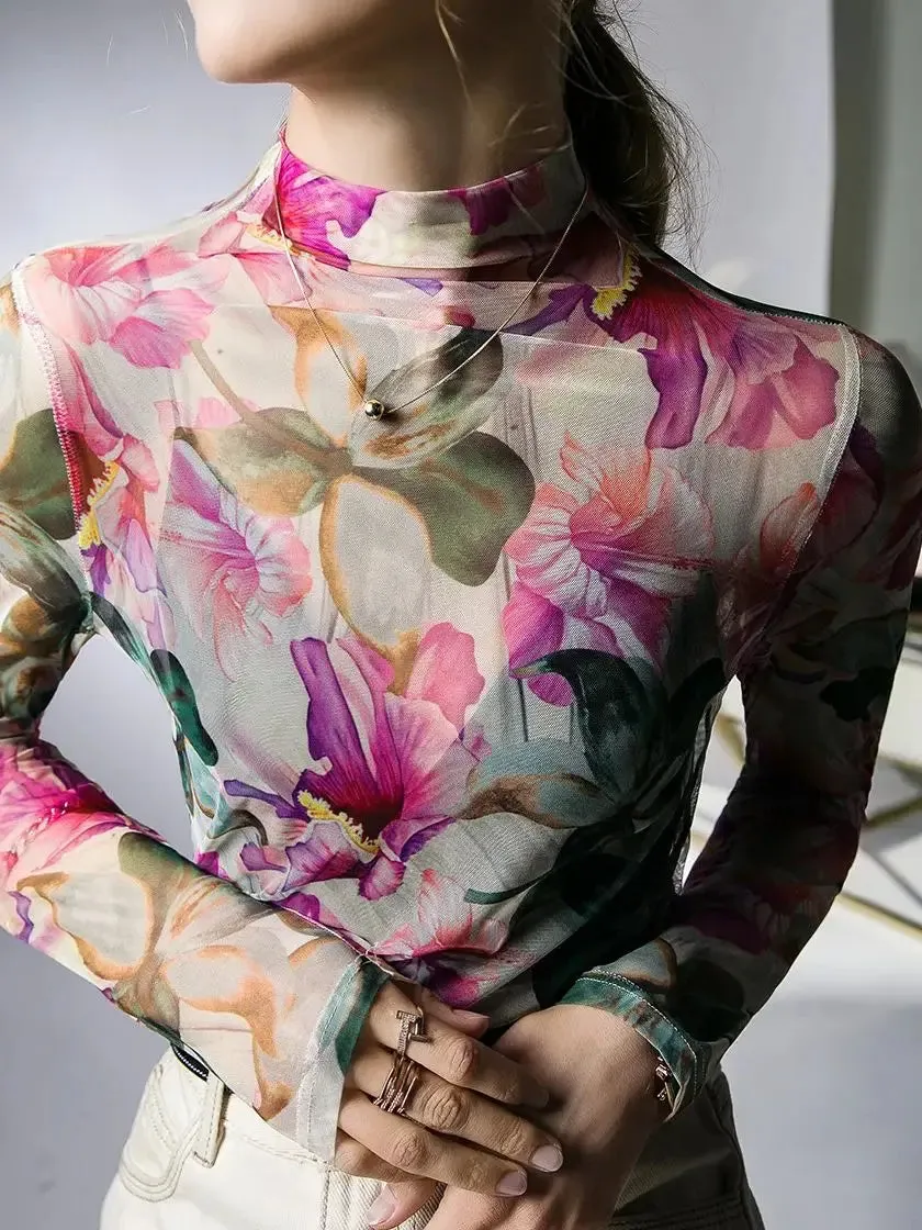Znbbw Through Tee Shirts Elegant Women Turtleneck Long Sleeve Single Layer Floral Mesh Stretchy T-Shirts Top For Chic Girl