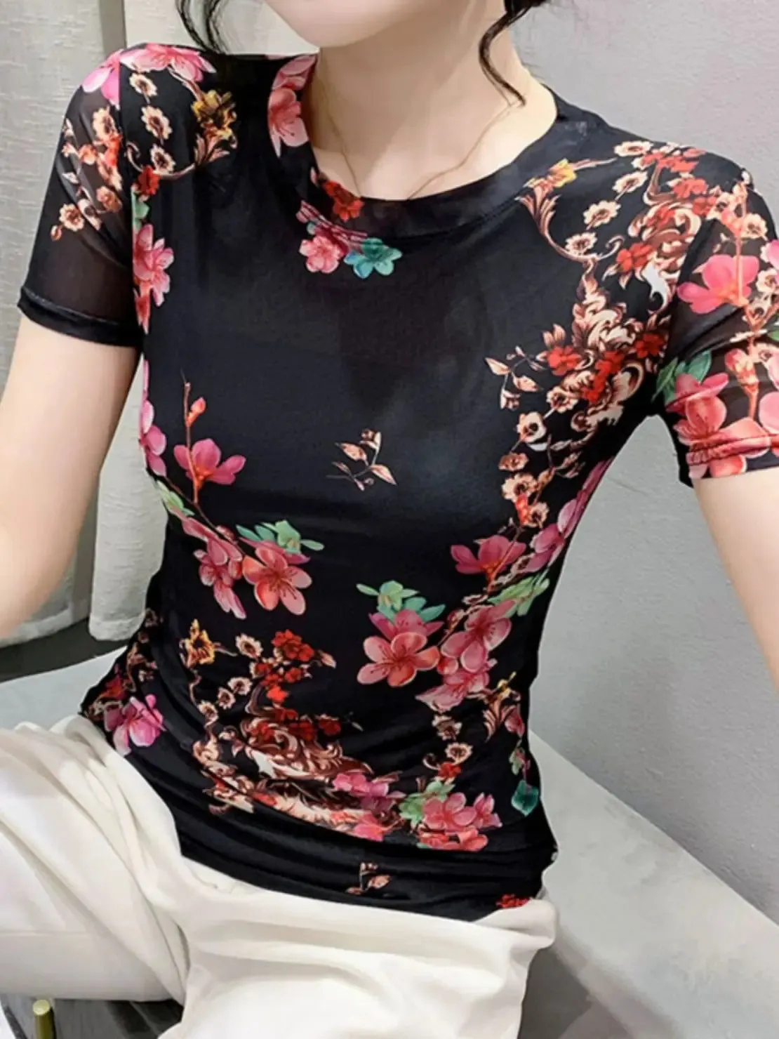 Znbbw S-3XL Printed Floral Mesh T-Shirts Female O Neck Short Sleeve High Stretch Fashion Slim Tee Tshirts For Women FF6913