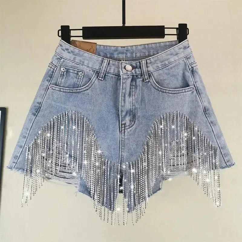 Znbbw Summer Fashion Ripped Jeans Short Femme High Waist Diamond Tassel Y2k Casual Bottoms For Ladies Denim Shorts Size S-4XL