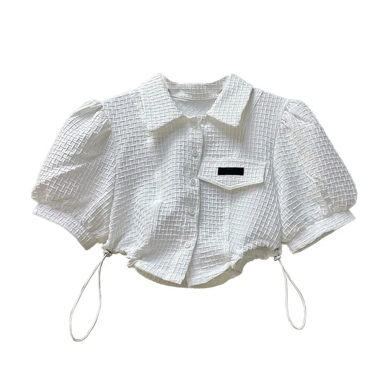 znbbw Style High Waist Shirts Women Puff Sleeve Crop Top Lace Up Design High-street Elegant Fashion Vintage Solid White Black