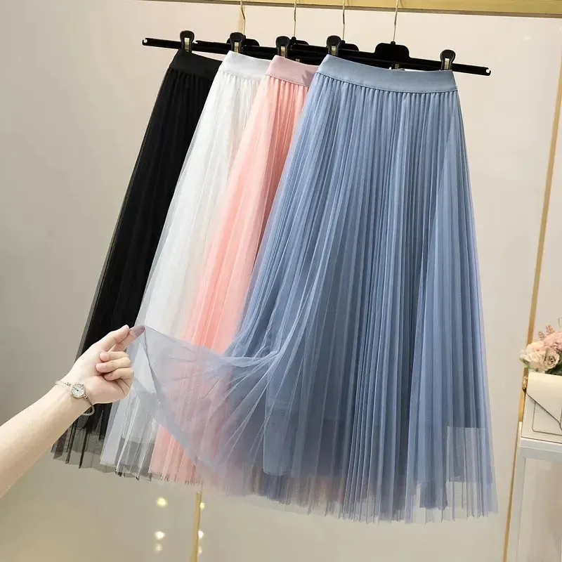 Znbbw Women Elegant Solid Tulle Skirt Fashion Korean Mesh Pleated A Line Skirt Lady Summer Chic High Waist All-Match Party Midi Skirts