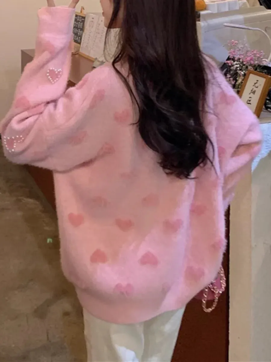 Znbbw Quality Heart Pearls Beading Sweater Women Pink Kawaii Jumpers Korean Long Sleeve Knitted Pullover Sweater Casual Knitwear