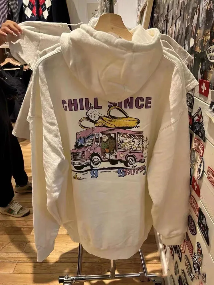 Znbbw Print Vintage Loose Hoodie Women Autumn White Cotton Drawstring Hooded Sweatshirt Casual Harajuku Cute Oversized Tops