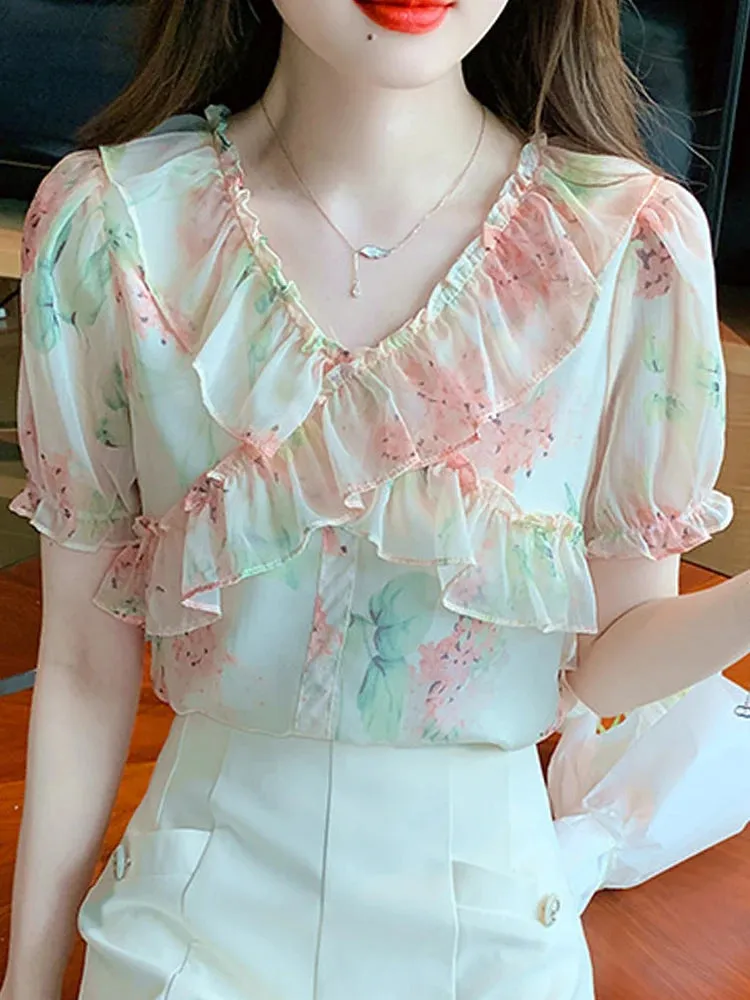 Znbbw Summer Women Tops Ruffles V-Neck Print Chiffon Blouse Shirt Blusas Mujer De Moda 2023 Verano Short Sleeve Blouse Women G688