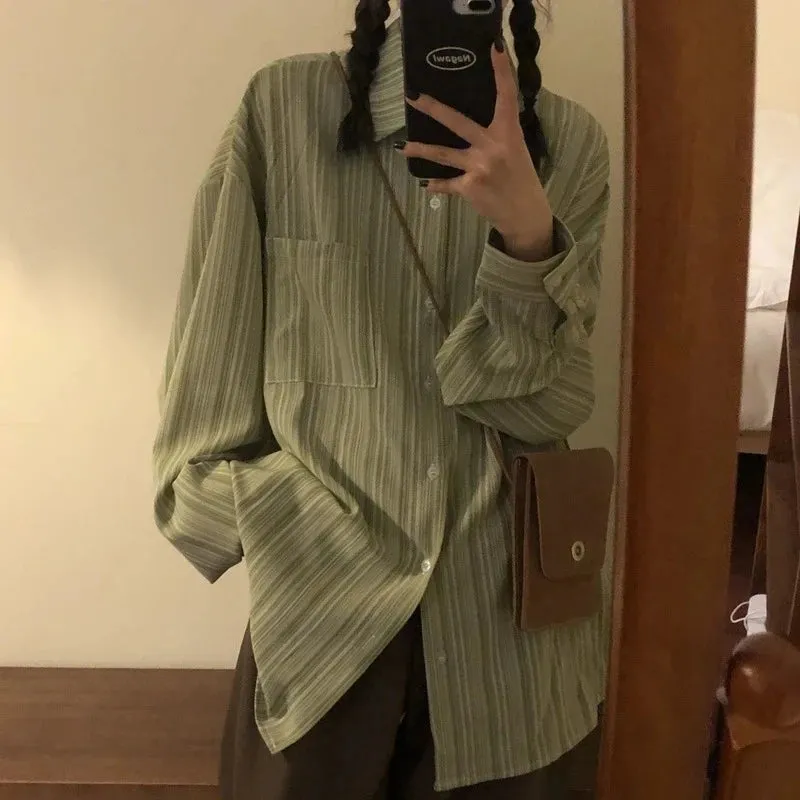 Znbbw Striped Shirts Women Vintage Oversized Long Sleeve Blouses Streetwear Korean Preppy Turn Down Collar Loose Casual Top