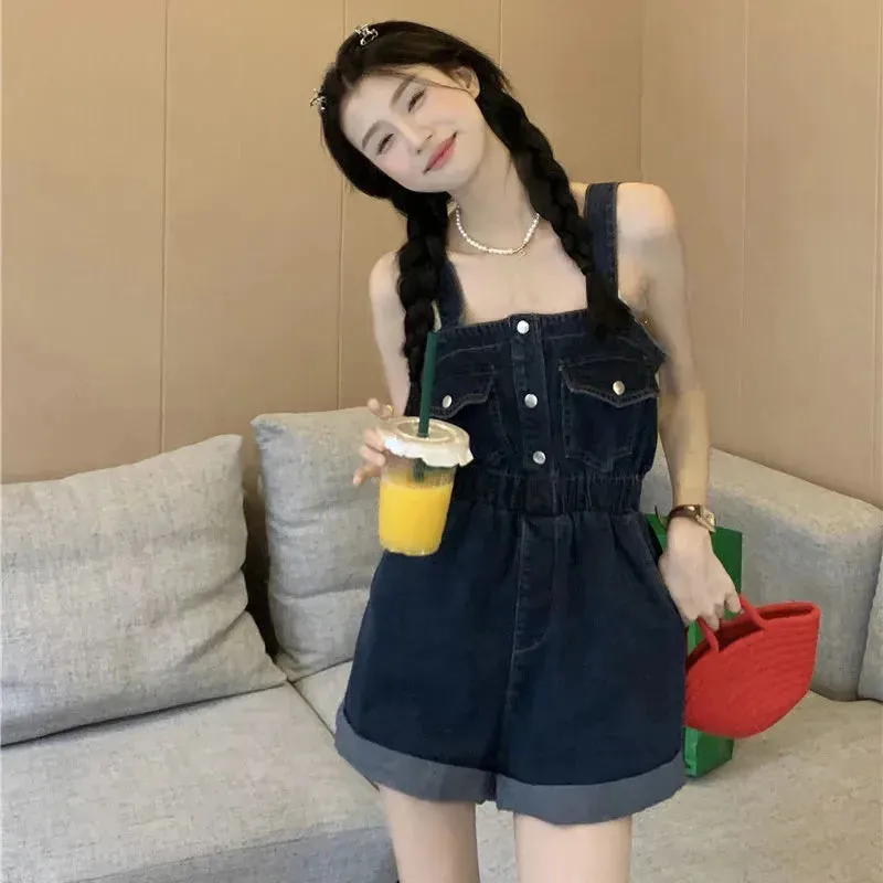 Znbbw Denim Overalls Shorts Women Fashion Pocket Suspender Denim Jumpsuit Female High Waist Crimping Cargo Wide Leg Shorts