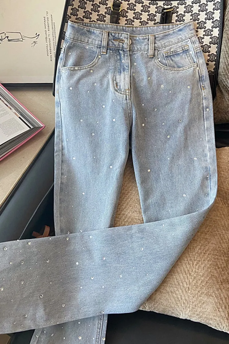 znbbw Women Summer Wide Leg Denim Pants Blue High Waist Diamonds Straight Loose Trouser High Street Fashion Jeans Mujer Harajuku Tide