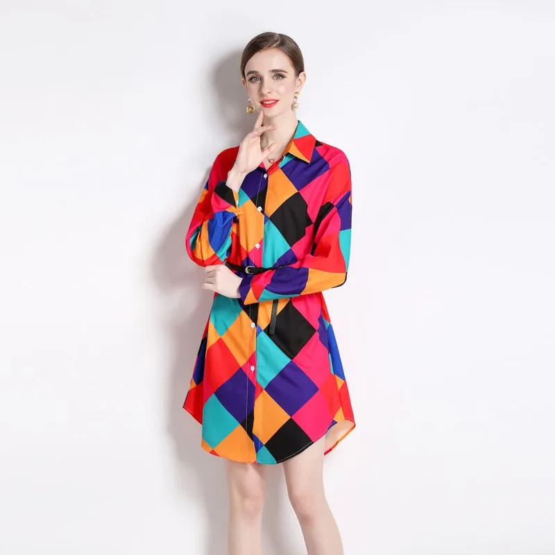 Znbbw Belt Long Shirt Women Vintage Blouse Casual Long Lantern Sleeve Colorblock Printed Casual Ladies Tops Buttons Blusas