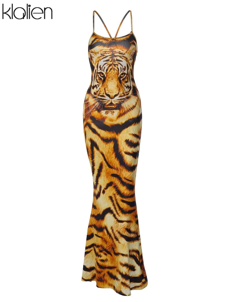 Znbbw Tiger Print One Piece Dress for Women 2023 Summer Sleeveless Backless Party Club Skim Maxi Dress Streetwear Robe