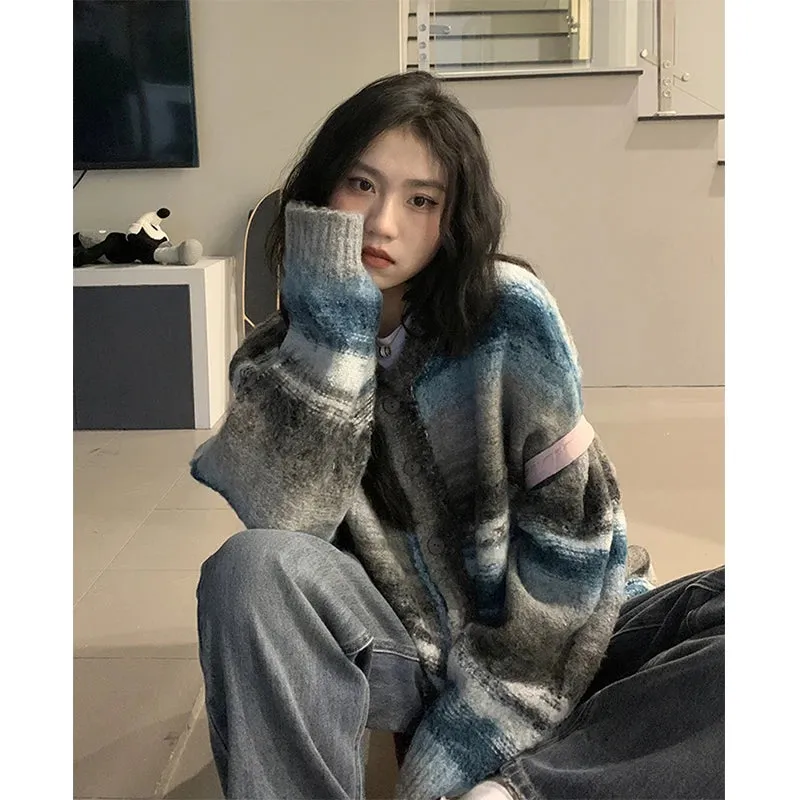 Znbbw Striped Knitted Cardigan Women Streetwear Gradient Sweater Coat Harajuku Plus Size Knitwear Korean Patchwork Jumper Tops