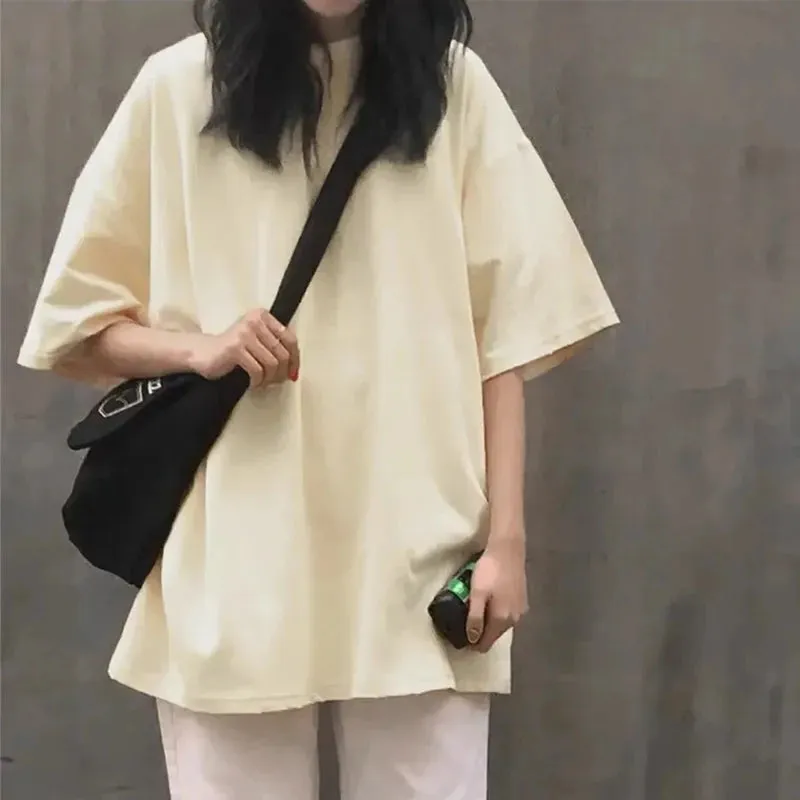 Znbbw 100% Cotton Women Korean T Shirt Fashion Casual Female Loose Summer Tops Preppy Style All Match Student Solid Color Tees