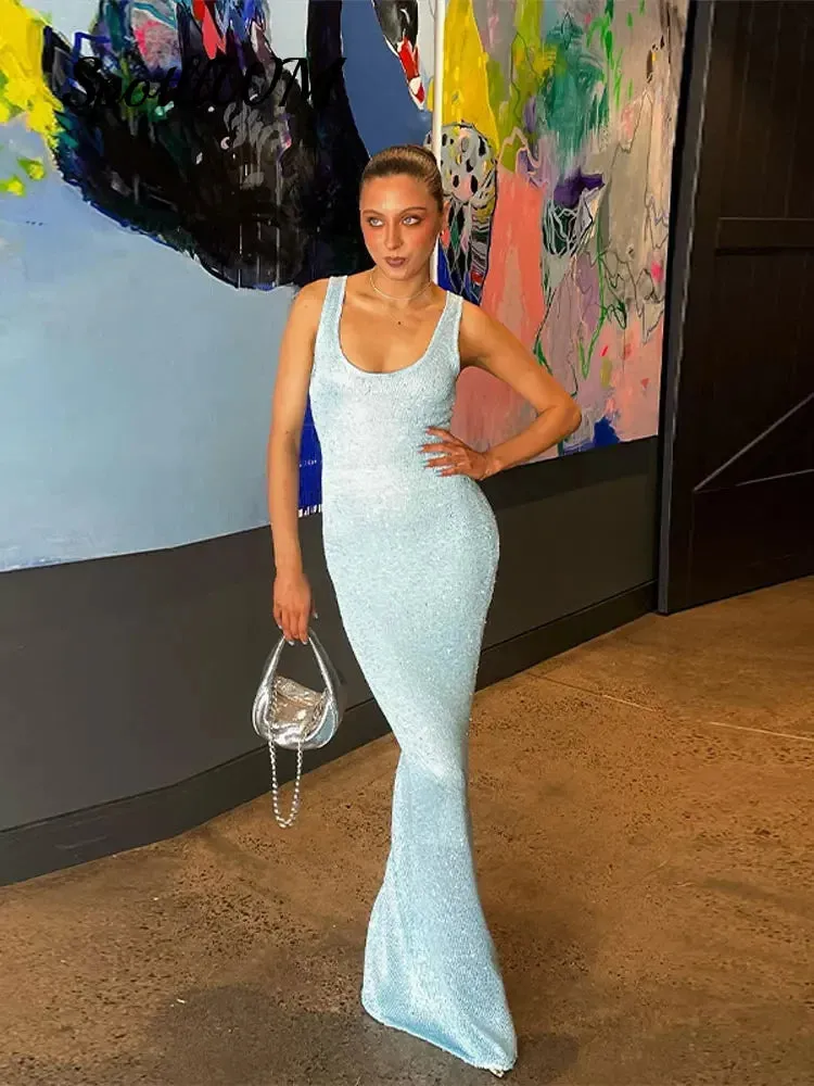 Znbbw U Neck Shiny Bright Silk Suspender Dress Women Sexy Sleeveless Knitted Dresses 2024 Summer Chic Female Party Vestidos