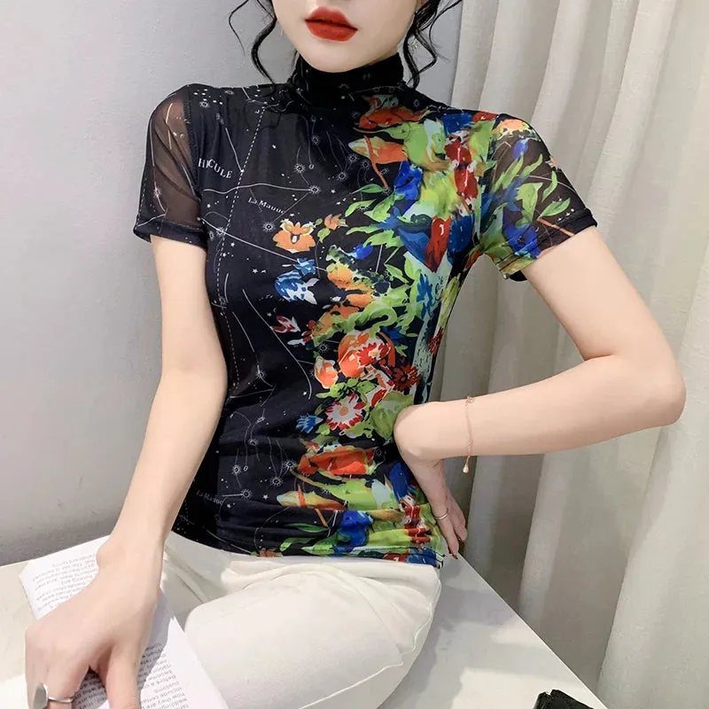 Znbbw Printed Mesh T Shirt Women Short Sleeve Turtleneck TShirts Lady Basic High Stretch Tops Tees