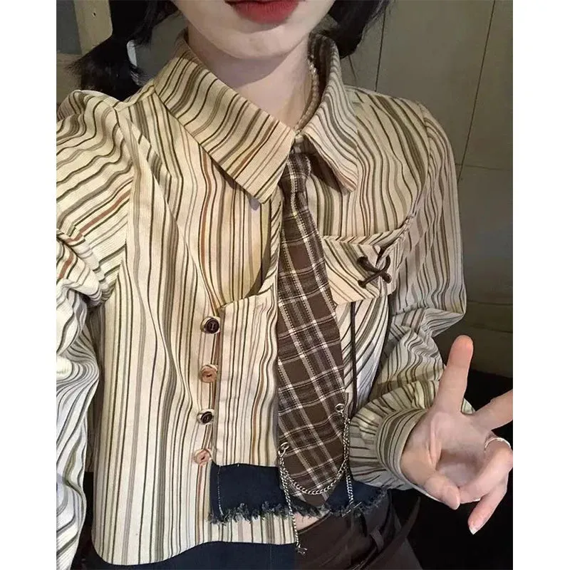 Znbbw Tie Striped Shirts Women Vintage Denim Patchwork Crop Tops Spring Streetwear Long Sleeve Casual All Match Blouses New
