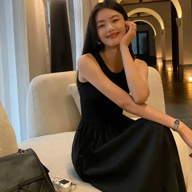 Znbbw New Elegant Black Long Dresses for Women Round Neck Sleeveless High Waist Temperament Female Fashion Style Dress