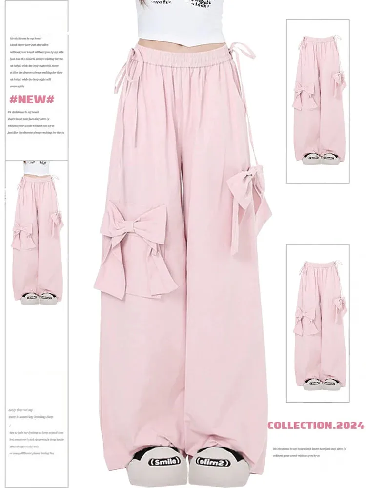 Znbbw Women Oversize Y2k Cargo Pants Baggy Vintage Streetwear Harajuku Pink Bow Pants High Waist Wide Leg Trouser 2000s Trashy Clothes
