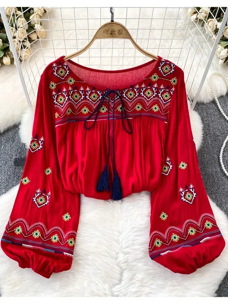 Znbbw Women Spring Embroidery Blouse Flower Vintage Ethnic Lantern Long Sleeved O-Neck Loose Cotton Linen Shirt Casual Top D5082
