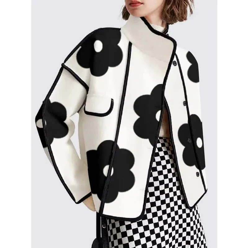 Znbbw Collar Women Printed Patchwork Jackets Fashion Black Flower Button-up Lady Coat Long Sleeves Autumn Outerwear 2024 New