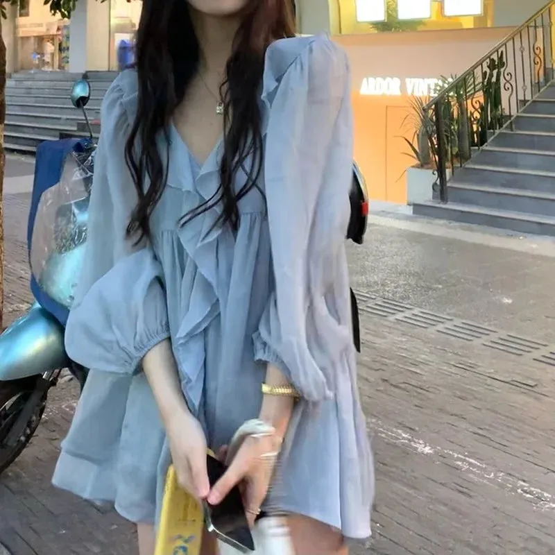 Znbbw Autumn Sweet Elegant Chiffon Blouse Women Blue Casual Korean Fashion Blouse Female Ruffle High Street Designer Clothing New