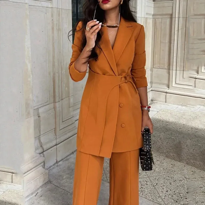 Znbbw Blazer Set Female Clothes Autumn Office Solid Lapel Long Sleeve Irregular Buckle Top Loose With Pockets Pants Sets