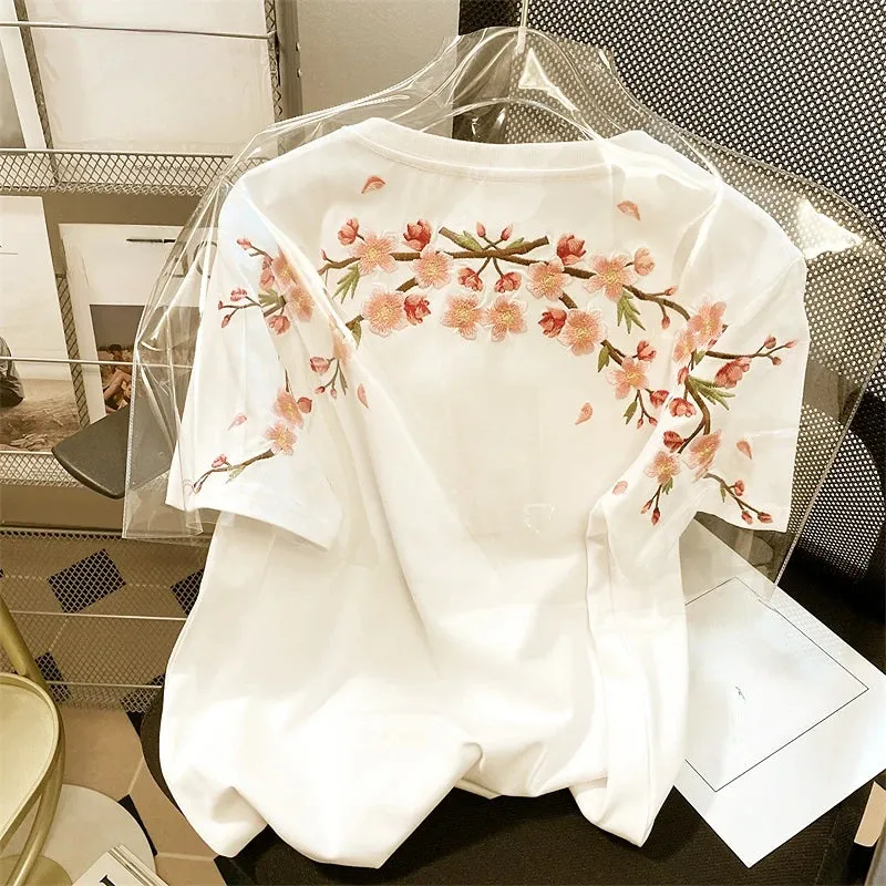 Znbbw Styl T Shirts O Neck Short Sleeve Flower Embroidery Top Tees Summer Casual Loose 90s Fashion Vintage Chic Women Clothes
