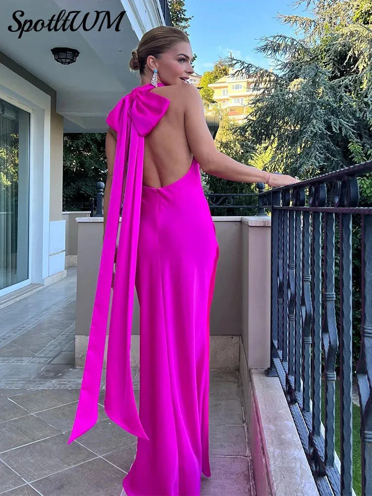 Znbbw Red Satin Backless Bow Lace-up Long Dress Sexy Sleeveless Zipper Wrap Hip Bodycon Dresses 2024 Ladies Party Evening Robes