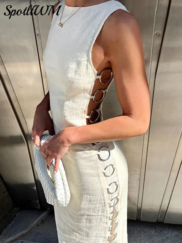 Znbbw Ring Decor Side Hollow Out Dress O Neck Sleeveless A-line Long Dresses Women 2024 Chic Female Leisure Vacation Outfits