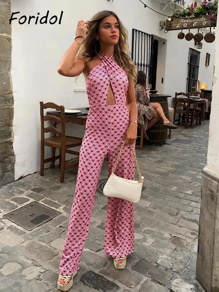 Znbbw Geometric Print Summer summer Backless Jumpsuit Sleeveless Halter Wide Leg Pink Pants Overalls Front Cut Retro Jumpsuit
