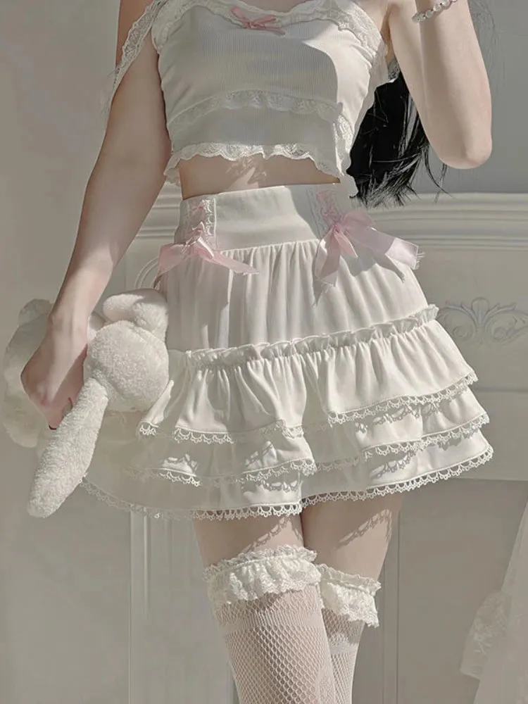 Znbbw Japanese White Lolita Cute Skirt Women Lace Bow Korean Kawaii Sweet Skirt High Waist Elegant Princess Fairy Skirts 2024