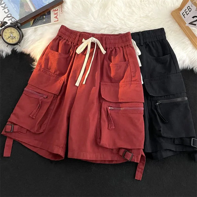 Znbbw Streetwear Women Cargo Shorts American Casual Large Pockets BF Wide Leg Pants Harajuku All Match Female Sweatpants New
