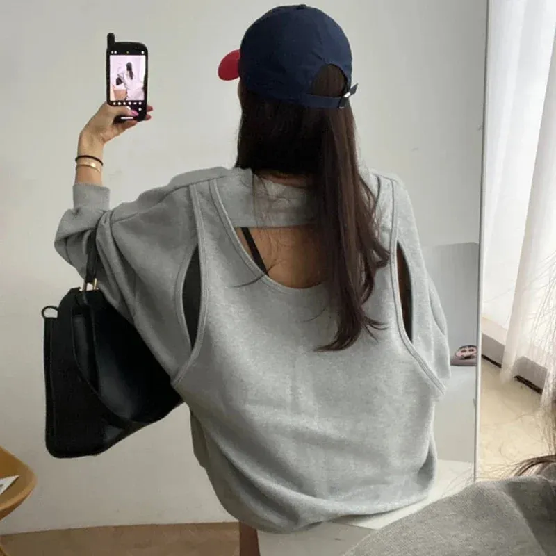 Znbbw Back Hollow Out Hoodies Women Spring Fake Two Piece Womens Clothing Loose O Neck Ropa Mujer Fashion Casual Hoodie