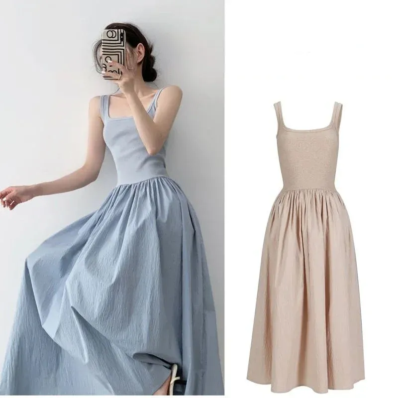 Znbbw Summer Patchwork Sleeveless Dress Vintage Female Fashion Casual Holiday Dress For Women Square Neck Long Party Dresses