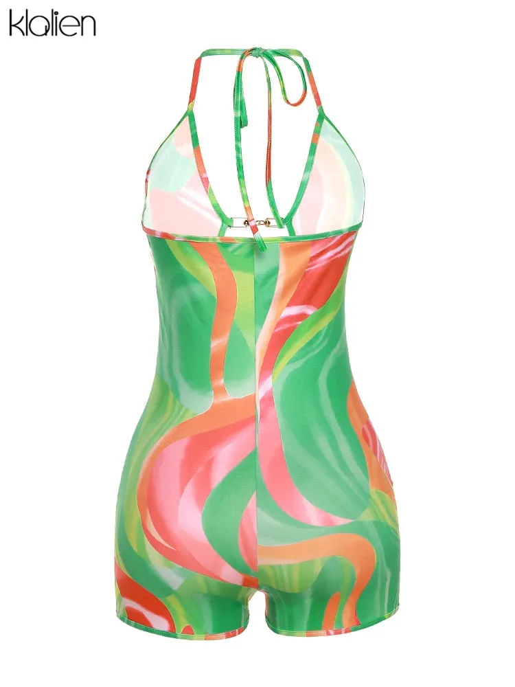 Znbbw Sexy Hollow Out Print Beach Playsuit Women Fashion Summer Skinny One Piece Halter Lace Up Female Romper Vacation Wear