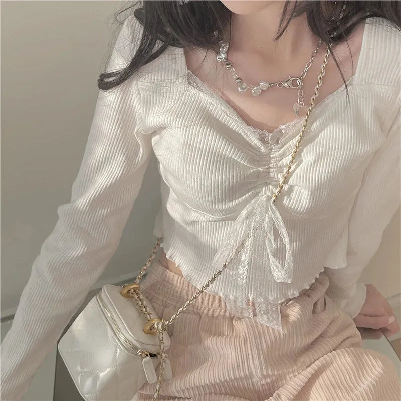 Znbbw White Kawaii Lolita Female Blouse Lace Japanese Sweet Long Slevee Tops Women Knitted Casual Korean Designer Clothing 2024