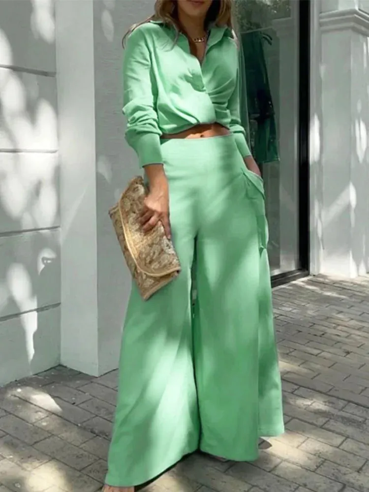 Znbbw Shirt Long Pants Suits 2 Piece Set Women Long Sleeve Shirt Wide Leg Pants Casual White Spring Summer Outfits 2024 New