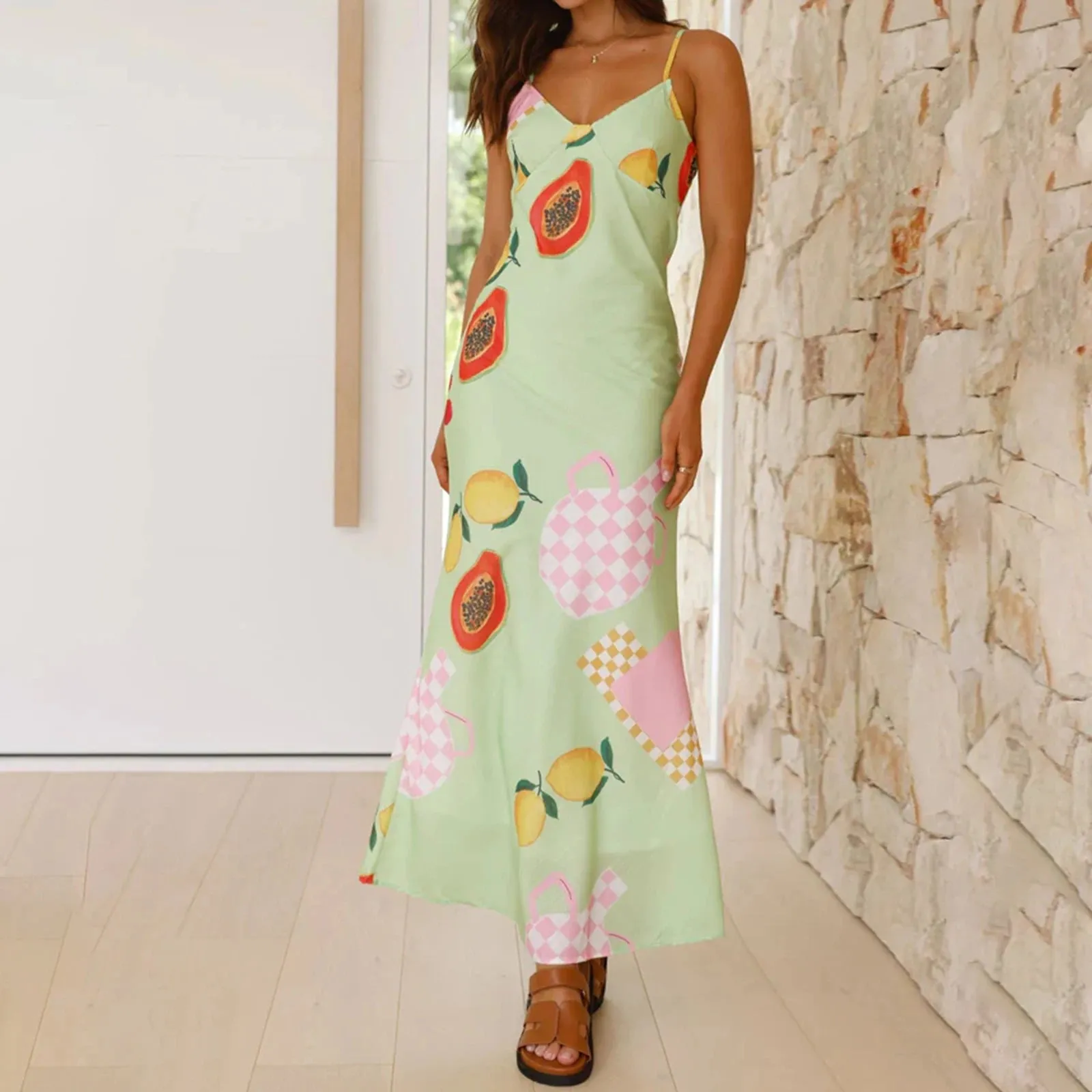 Znbbw Dress for Women y2k Summer Floral Print Sexy Satin Dress V-neck Spaghetti Strap Bodycon Dress Evening Cocktail Dress