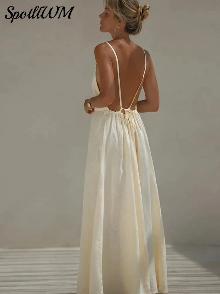 Znbbw Women Sexy Solid Backless Lace Up Maxi Dress Elegant O-neck Sleeveless Loose Long Dresses 2024 Summer Ladies Casual Beach Robes