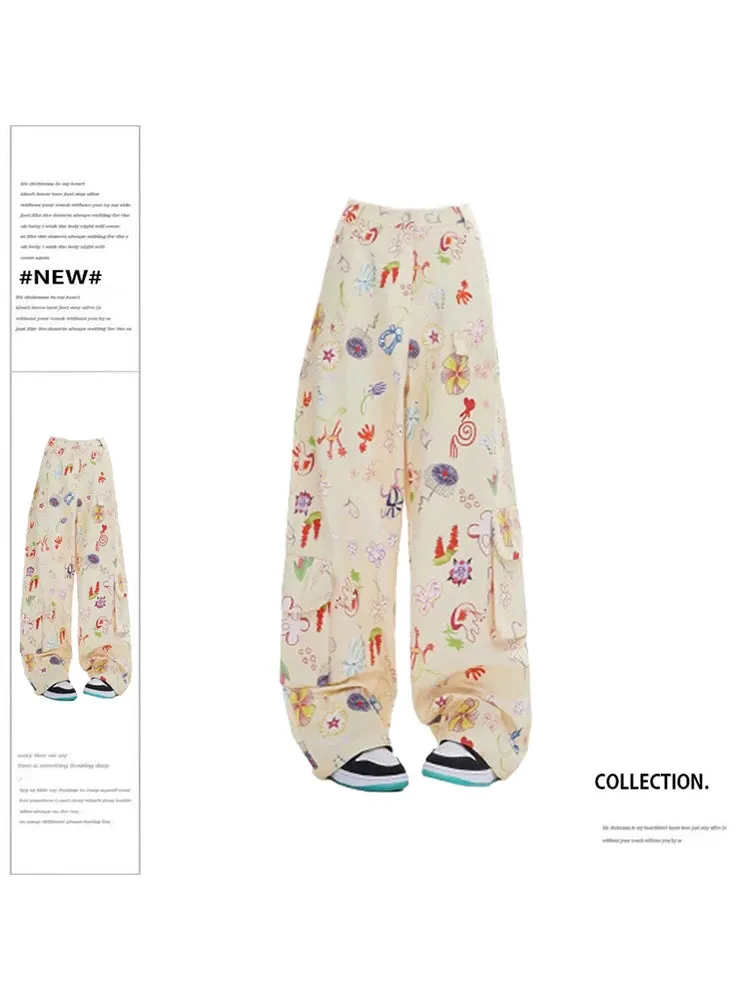 Znbbw Women's Graphic Print Oversize Sweatpants Y2k Retro 2000s High Waist Baggy Jogger Trouser Harajuku Streetwear Wide Pants Clothes