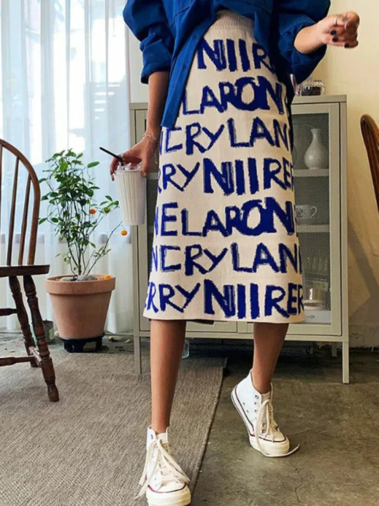 Znbbw Women's Letter Knit Skirt Autumn Winter New High Waist Split Straight Office Lady Long Warm Step Faldas ML297